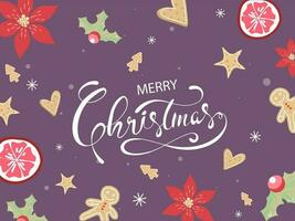 Merry Christmas Poster Design with Flower, Holly Berries, Passion Fruit, Star fruits, Gingerbread, Xmas tree, Hearts Cookies on Purple background. vector