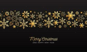 Merry Christmas and Happy New Year greeting card design with golden stars and snowflakes decorated on black background. vector