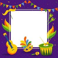 ilustración de fiesta máscara con música instrumentos, Bigote apuntalar y espacio para tu mensaje en púrpura tartán modelo antecedentes. vector