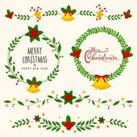 Floral greeting card design with circular frame for Merry Christmas and Happy New Year celebration concept. vector