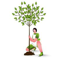 hombre personaje plantando un árbol en blanco antecedentes. vector