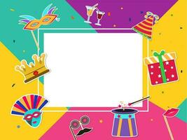 Sticker style photo booth props element decorated on colorful abstract background with space for your message. vector