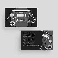 Front and back view of business card or horizontal template design with top view office workspace. vector