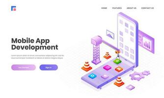 Isometric illustration of multiple application, apps under maintenance by tower crane in smartphone screen for Mobile App Development concept based landing page design. vector