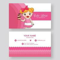 Cake Artist business card design in front and back view with cute girl presenting cake. vector