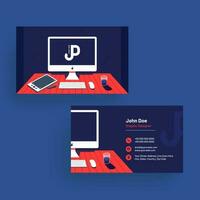 Business card or horizontal template design in front and back view with office workspace. vector