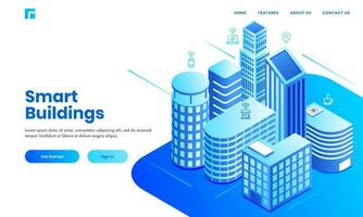 Smart Building concept based landing page design with isometric real estate buildings area showing residentials, hospital and commercial space. vector