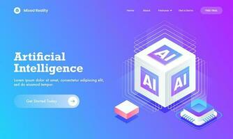 Artificial Intelligence website poster or landing page design with 3d AI cube block and digital circuit chip. vector