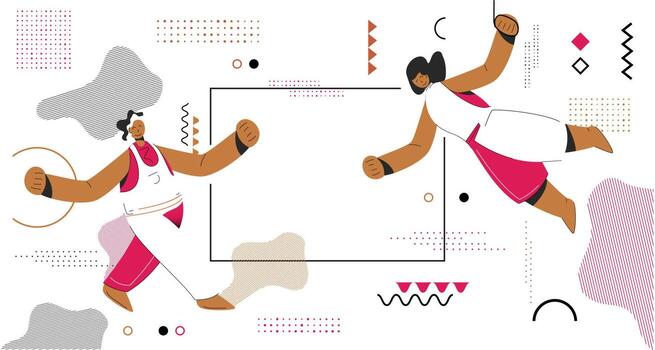 Man and woman character in different activity with abstract elements decorated on white background. Can be used as banner or poster design. vector