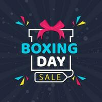 Flat style poster design with Boxing Day Sale text on creative gift box decorated with geometric elements on blue rays background. vector