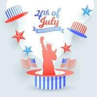 Afiche del 4 de julio del día de la independencia o diseño de volante decorado con la estatua de la libertad, banderas americanas ondeando y sombrero del tío sam. vector