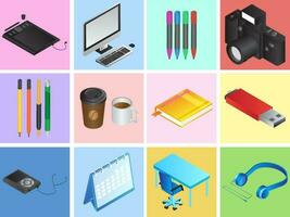 Set of Graphic designing tools on different color background. vector