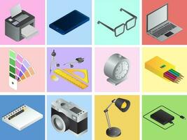 Set of 3d office and graphic design tools on different background. vector