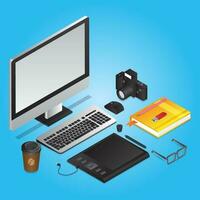 3D illustration of graphic designer tools like as computer with graphic tablet, book, camera, coffee cup and eye glasses on blue workplace background. vector