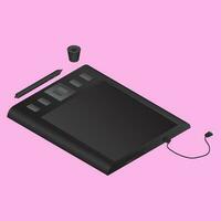 Realistic graphic tablet, grip pen with stand on pink background. vector