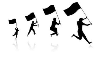 Silhouette of men holding wavy flag in running and jumping pose. vector