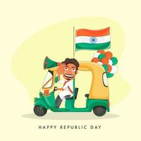 Cheerful Man driving Auto Taxi with Saying Hello, Indian Flag and Tricolor Balloons on Yellow Background for Happy Republic Day. vector