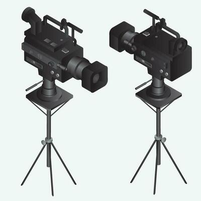 3D video camera on tripod in black color.