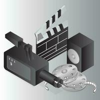 Realistic video camera with speaker, clapper and film reel on grey background. vector