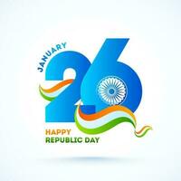 Blue Paper Cut 26 January Text with Ashoka Wheel and Wavy Tricolor Ribbon on White Background for Happy Republic Day Celebration. vector