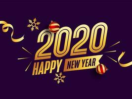 Golden Happy New Year 2020 Text with Baubles and Glittering Snowflakes on Purple Background. vector