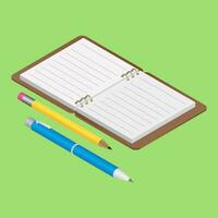 3D Render of Open book with Pen and Pencil on green background. vector