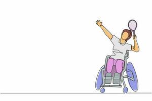 Single one line drawing  badminton player sitting on wheelchair with smash pose. Disabled sportswomen wear uniform, amputee woman sport competition. Continuous line draw design graphic vector