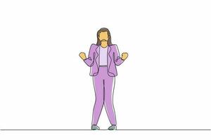 Continuous one line drawing happy businesswoman standing with both hands do gesture yes. Young office worker celebrate success of company project. Single line draw design vector graphic illustration