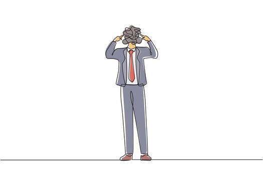 Single continuous line drawing businessman with round scribbles instead of a head. Male manager covering his ears with fingers. Person closing or plugging for loud noise. One line draw design vector