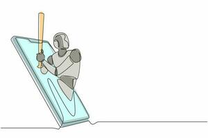 el robot de dibujo continuo de una línea sale del teléfono celular con la pose del jugador de béisbol. organismo cibernético robot humanoide. futuro concepto de desarrollo robótico. gráfico vectorial de diseño de dibujo de una sola línea vector