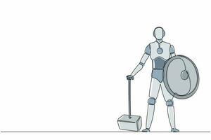 Continuous one line drawing robots stands holding big hammer and shield. Humanoid robot cybernetic organism. Future robotics development concept. Single line draw design vector graphic illustration