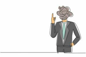 Continuous one line drawing businessman with round scribbles instead of a head. Male manager representing idea, solution. Gesturing or showing index finger. Single line draw design vector illustration