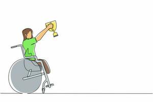 Continuous one line drawing happy sportswoman in wheelchair hold golden cup trophy winner.  person recovery. Game competition, sport training, challenge. Single line draw design vector graphic