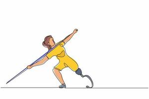 Continuous one line drawing disabled athlete throwing spear with prosthesis leg. Disabled sportswoman with amputated foot. Disabled sport, disability games. Single line draw design vector graphic