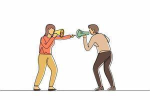 Single continuous line drawing man and woman hold loudspeakers scream at each other engaged in family fight. Stubborn angry husband and wife yell shout in megaphones. One line graphic design vector