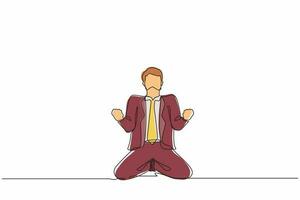 Single one line drawing happy businessman kneeling with both hands do gesture yes. Male manager celebrating success of increasing company's product sales. Continuous line draw design graphic vector
