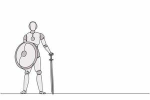 Continuous one line drawing robots stands holding big sword and shield. Humanoid robot cybernetic organism. Future robotics development concept. Single line draw design vector graphic illustration