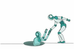 Continuous one line drawing robot helping his friend by take him out from hole. Humanoid robot cybernetic organism. Future robotics development concept. Single line design vector graphic illustration