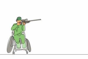 Single continuous line drawing  male athlete on wheelchair shooting sport competition with shotgun. Hobbies and interests of people with disabilities. One line draw design vector illustration