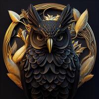 black and gold owl on a black background. . photo