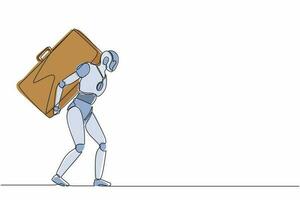 Continuous one line drawing robots standing and carrying heavy huge briefcase. Humanoid robot cybernetic organism. Future robotics development concept. Single line design vector graphic illustration