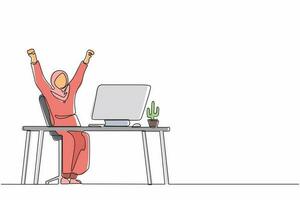 Single continuous line drawing happy Arab businesswoman sitting with raised hands on the her workplace. Office worker celebrates salary increase from company. One line draw design vector illustration