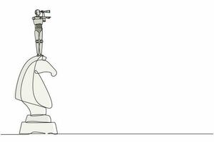 Single continuous line drawing robots on top of big horse chess piece using binocular. Modern robotics artificial intelligence technology. Electronic industry. One line draw graphic design vector