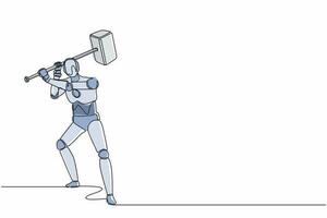 Continuous one line drawing robot standing and swinging big hammer gesture. Humanoid robot cybernetic organism. Future robotics development concept. Single line draw design vector graphic illustration