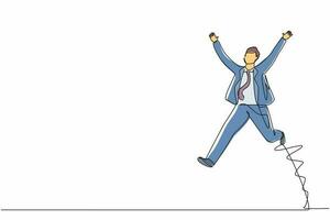 Single continuous line drawing happy businessman jump with both hands raised. Salesman celebrates salary increase and benefits from company. Dynamic one line draw graphic design vector illustration