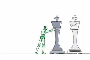 Single one line drawing robot push huge king chess piece to take down the other king. Future technology. Artificial intelligence machine learning process. Continuous line draw design graphic vector