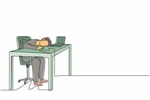 Single continuous line drawing exhausted sick tired male manager in office sad boring sitting with head down on laptop. Frustrated worker mental health problems. One line draw graphic design vector