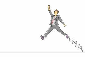 Single continuous line drawing happy businessman jumping with spreads both legs and raises one hand. Salesman celebrates salary increase from company. One line draw graphic design vector illustration