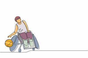Continuous one line drawing athlete playing basketball sitting in wheelchair.  man with paralyzed legs training with ball. Person with disability doing sports. Single line draw design vector