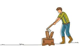 Continuous one line drawing woodman or lumberman in checkered shirt and sling pants chopping wood with ax on tree stump. Man with ax in his hands cuts tree. Single line draw design vector illustration